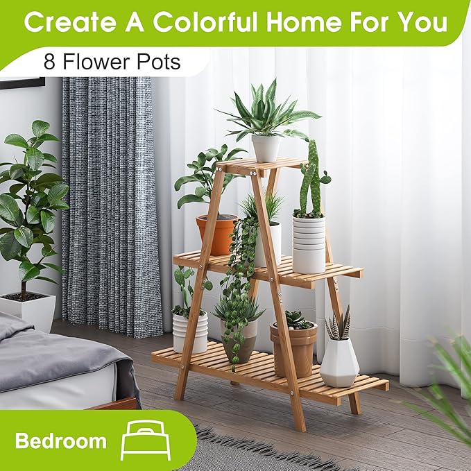 BMOSU Plant Stand Bamboo for Indoor Outdoor Tiered Plant Shelf 8 Potted Flower Holder Ladder Rack Garden Balcony Living Room Patio(3 Tier Natural)
