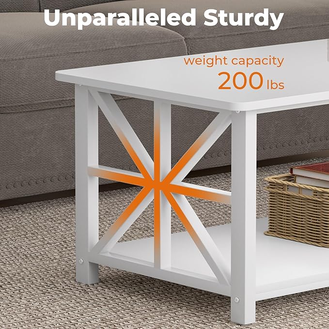 GreenForest Coffee Table for Living Room with Round Corners Farmhouse Style Center Table with Storage Shelf 39 Inch Space Saving Easy Assembly Full White