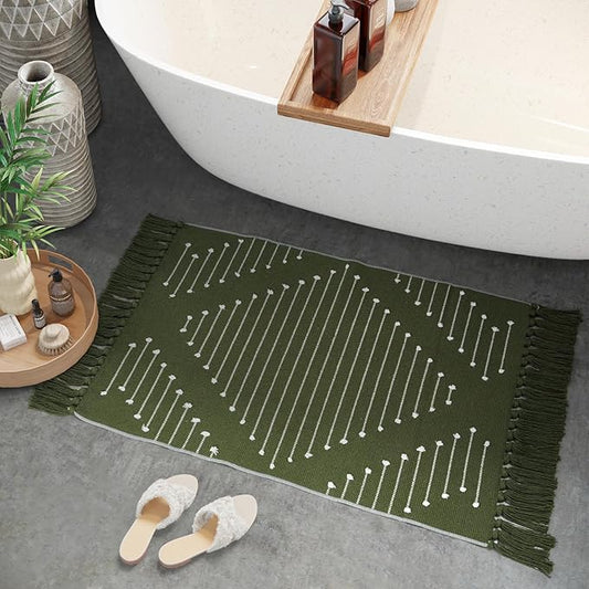 LIVEBOX Boho Bathroom Rug 2' x 3' Washable Green Rugs Small Moroccan Throw Rug for Bath,Cotton Woven Area Rug Carpet with Tassel for Entryway Kitchen Sink Front Door