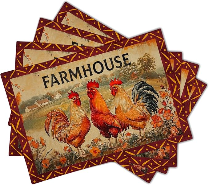 Farmhouse Rooster Placemats Set of 4 Vintage Chicken Farm Table Mats Rustic Country Style Heat Resisting Non-Slip Place Mat for Home Party Indoor Kitchen Dining Table Decoration 12x18 Inch