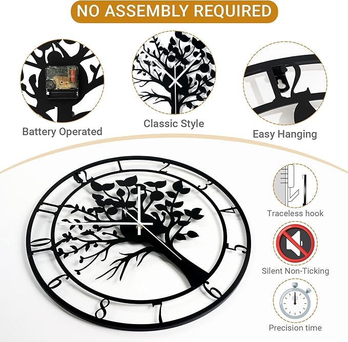 16inch/40cm Tree of Life Wall Clock for Bedroom Living Room Battery Operated Metal Decorative Analog Silent Analog Non Ticking Clocks Room Wall Decor (Tree of Life, 16 inches)