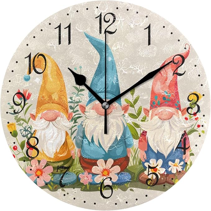 ALAZA Wall Clock Cute Gnomes Silent Non-Ticking Decorative Wall Clocks Battery Operated 10 Inch for Home Living Room Kitchen Bathroom Bedroom