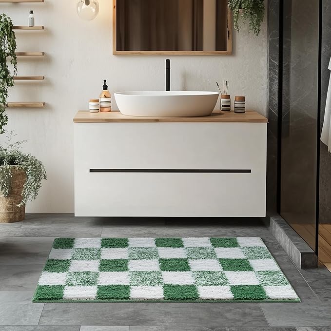 GRANNY SAYS Checkered Green Bathroom Rugs,32" x 20",Fluffy Rug, Absorbent Microfiber Ultra Soft Bath Mat Washable, Non-Slip Bath Mats for Bathroom, Cute Floor Mat for Tub, Shower, Bedroom