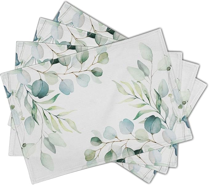 Sage Green Placemats Set of 4 Washable Non-Slip Heat Resistant 12×18 Inch Spring Watercolor Eucalyptus Leaves Thick Place Mats Decorative Linen Fabric Table Mat for Dining Table Kitchen Home Decor