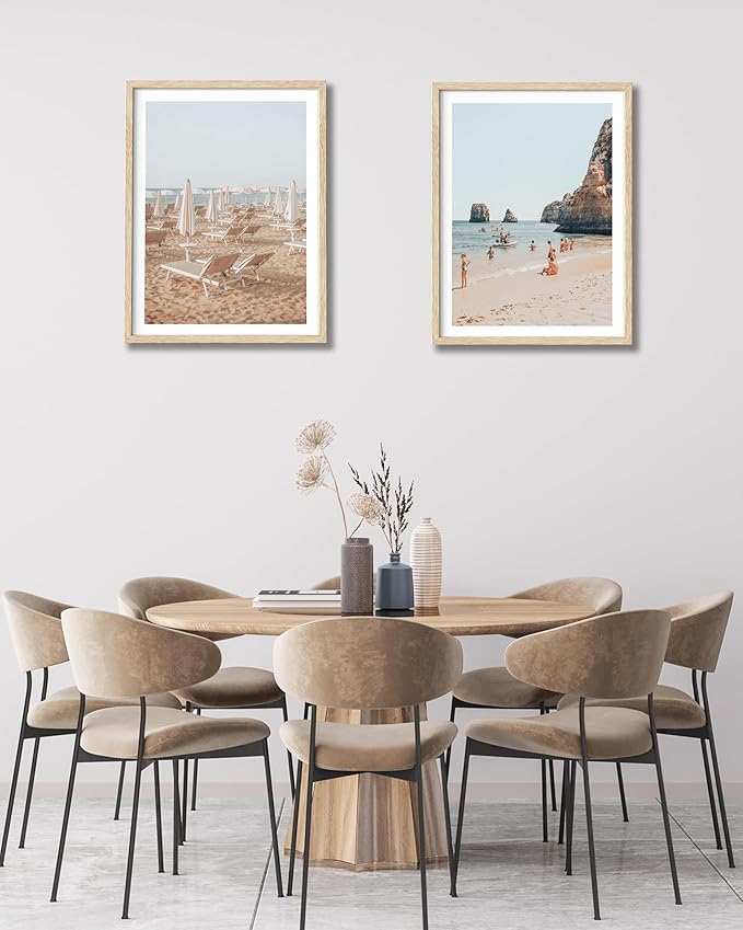 Natural OAK Wood Framed Italy Beach Wall Art,12x16in Amalfi Coast Canvas Wall Print,Positano Seascape White Beach Chair Wall Decor for Living Room, Bedroom,Office Gallery Set of 1