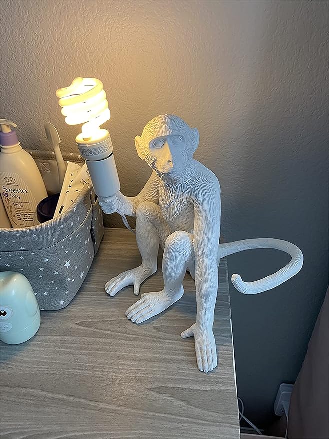 Modern Resin Monkey Wall & Table Lamp - Hemp Rope Pendant Light for Home Decor - Dining, Living Room, Bedroom, Entryway (White)
