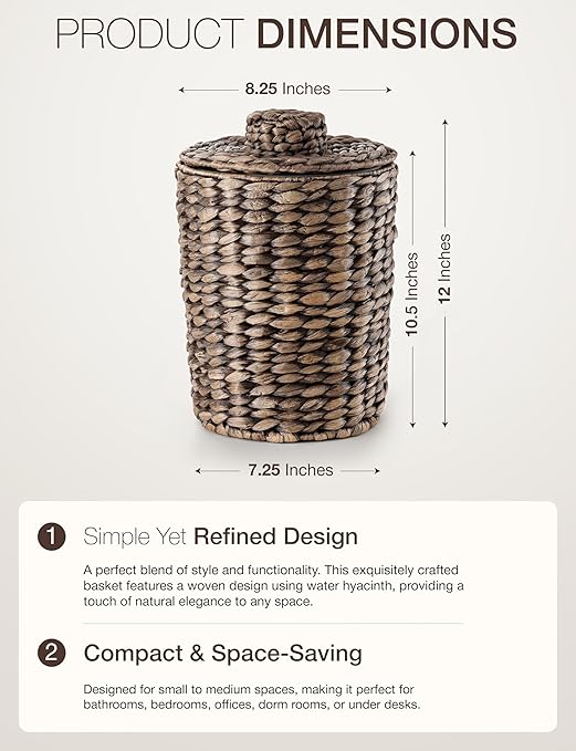 1.3 Gallons Wicker Waste Basket - Water Hyacinth Bathroom Trash Can - Garbage Can with Lid Boho Style - Wicker Trash Can with Lid for Bedroom, Kitchen - Removable Liner, Handwoven (Black color)