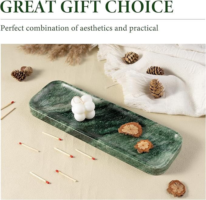 Koville Marble Tray for Bathroom Sink, 12"x4" Natural Stone Vanity Tray for Kitchen Dresser Countertop, Rectangular Decorative Marble Trays for Jewelry Perfume Trinket(Green)