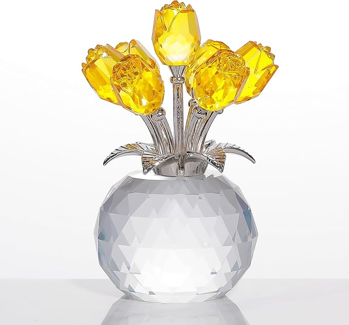Yellow Rose Flower Crystal Figurine with Vase, Bouquet Flowers Ornament Gifts for Wife Girlfriend Women , Handmade Crystal Flower Collectible Home Table Decor for Valentine's Day Wedding Anniversary
