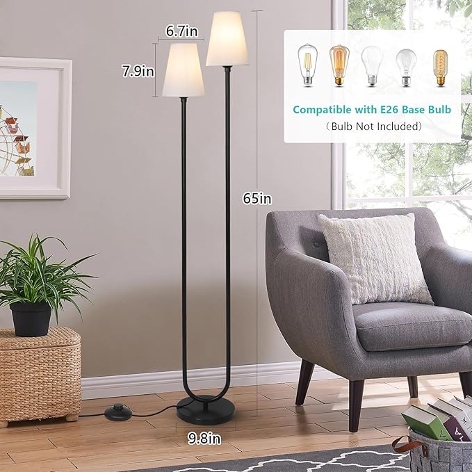 HMVPL Floor Lamps for Living Room, Modern Black Floor Lamp with Fabric Lampshade, Industrial Standing Lamp with On/Off Foot Switch, Farmhouse Tall Lamp for Living Room Corner Bedroom Office(66")