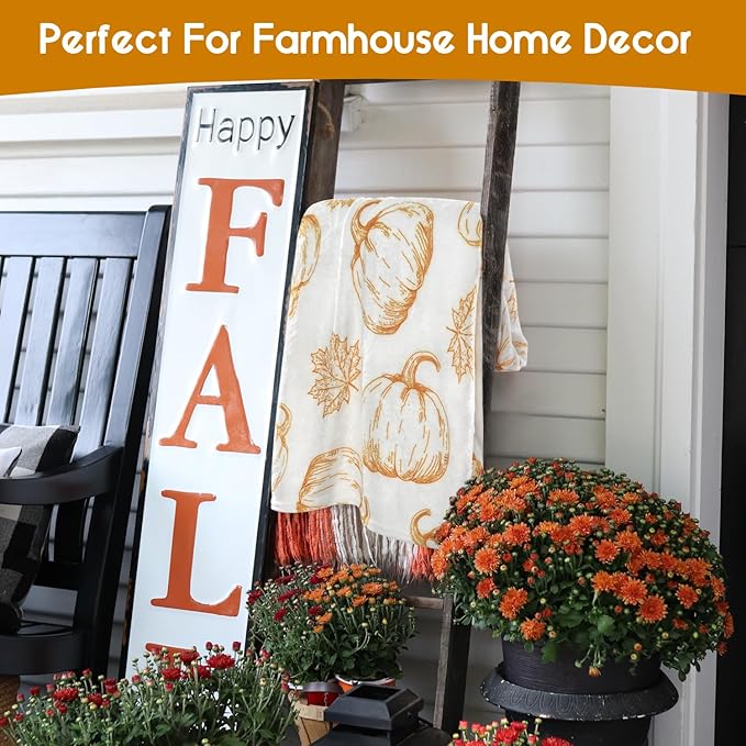 Fall Thanksgiving Blankets,Orange Pumpkin Maple Leaves Farmhouse Blanket Throw,Thanksgiving Fall Flannel Fleece Throw Blanket for Home Living Room Couch Bed Chair or Dorm Decor 60"x50"