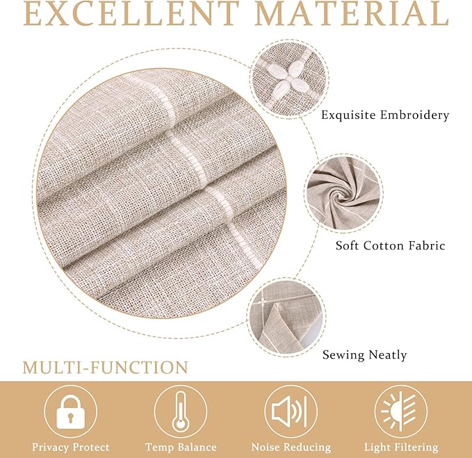 ColorBird Farmhouse Semi-Blackout Window Curtains 2 Panels Embroidery Lattice Cotton Linen Darkening Curtains with Tassel Rod Pocket Window Drapes for Dining Living Bedroom (52" W x 63" L, Linen)