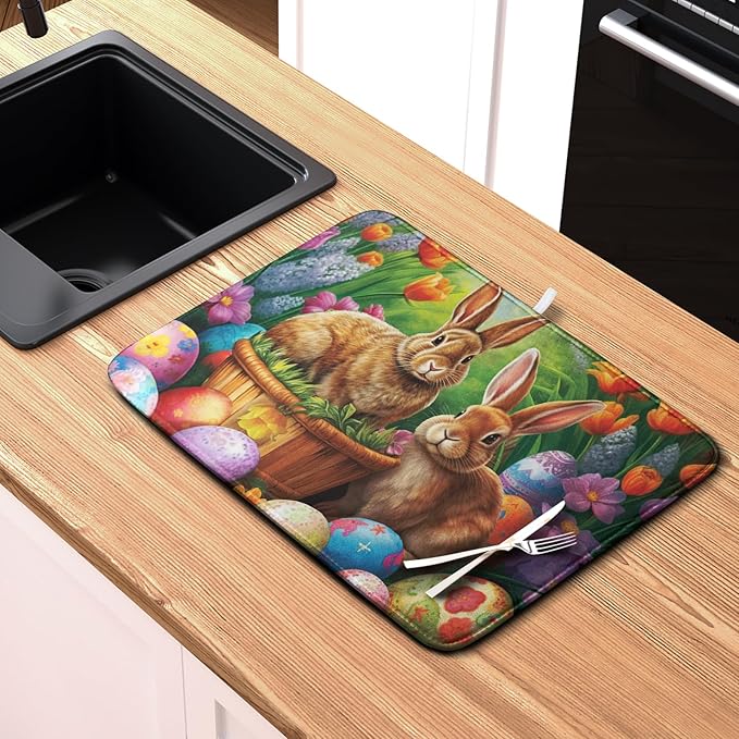 Easter Bunny Eggs Dish Drying Mat for Kitchen Counter, Tulip Floral Flower Drying Mat Spring Summer Holiday Dish Mat Drying Kitchen Mat Absorbent Kitchen Drying Mat for Sink 16x18Inch