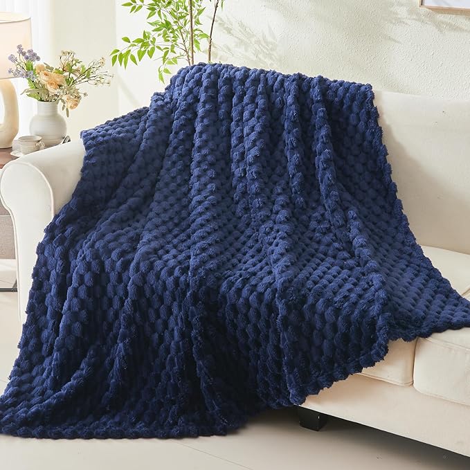 NEWCOSPLAY Super Soft Throw Blanket Dark Navy Premium Silky Flannel Fleece 3D Clouds Stylish Jacquard Lightweight Bed Blanket All Season Use 350GSM (Dark Navy, Throw(50"x60"))