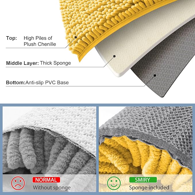Smiry Luxury Chenille Bathroom Rugs 30x20, Extra Soft and Absorbent Shaggy Bath Mat, Machine Washable, Non-Slip Plush Carpet Runner for Tub, Shower, and Floor, Home Decor Accessories, Yellow
