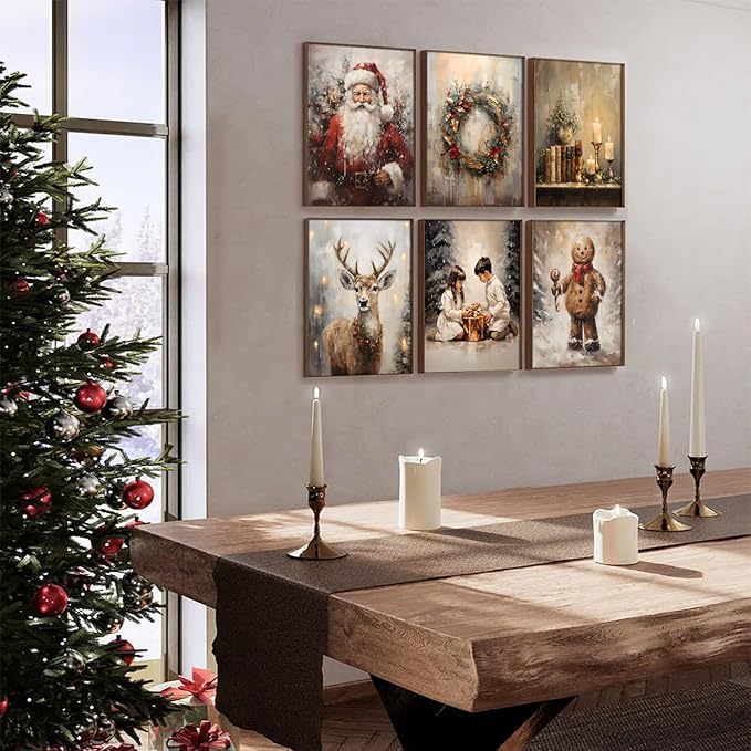 Christmas Wall Art set of 6 Christmas Pictures Wall Decor Winter Vintage Holiday Gallery Print Santa Claus Candles Gingerbread Man Deer, Canvas Santa Oil Painting Christmas Holiday Decor 8"X10"