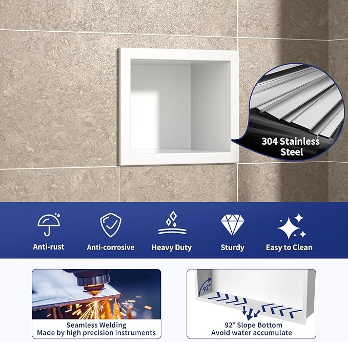 Shower Niche, 304 Stainless Steel Shower Stool for Bathroom, Recessed Shower Footrest w/Over Mount Installation, No Tile Needed (Matte White, 4.8''x6'')