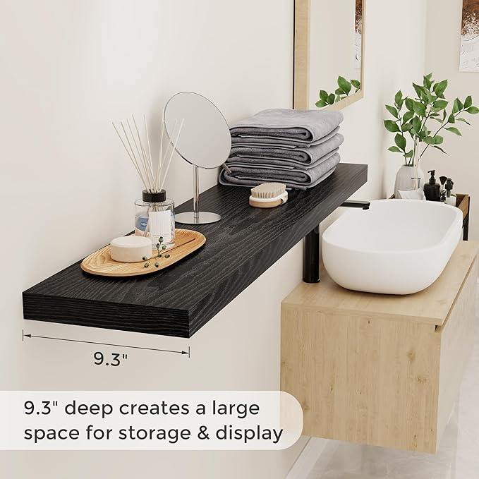 48"W x 9"D Floating Shelves Set of 2, 9.3 Inch Deep Floating Shelves Wall Mounted, Wide Wall Shelves Invisible Bracket, Deep Storage Shelves for Living Room, Bathroom, Kitchen, Black Color
