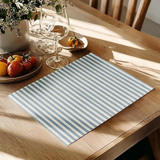 JINCHAN Linen Striped Placemats Set of 4 Farmhouse Cloth Place Mats Durable Table Mats Soft Washable Placemats for Kitchen Dining Table Double Layer Heat Resistant Tablemats 13x19 Inch Blue