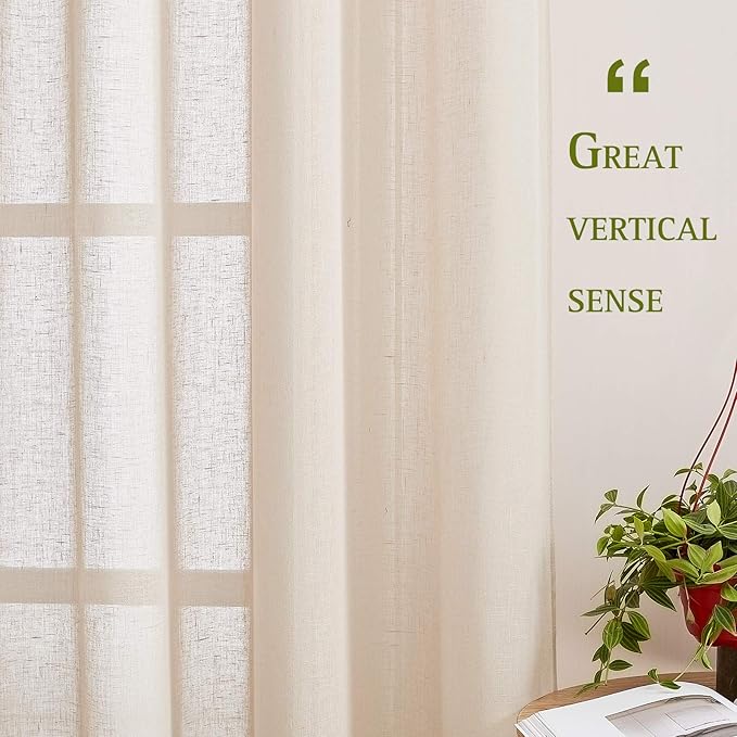 NICETOWN Semi Sheer Beige Curtains 84 inches Long, Grommet Retro Linen Curtains Window Treatments Vertical Drapes Privacy with Light Filter for Living Room, W52 x L84, 2 Panels