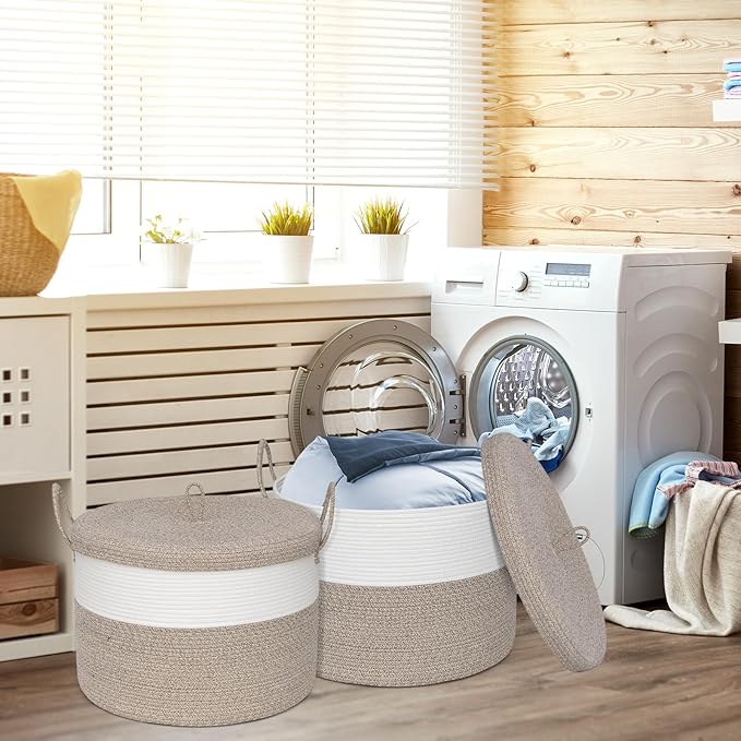 Laundry Basket with Lid, Woven Cotton Rope Laundry Hamper Foldable Storage Organizer Bin Blanket Basket for Comforter, Cushions, Clothes, Pillows, 20.5x20.5x15 Inch, Brown/White
