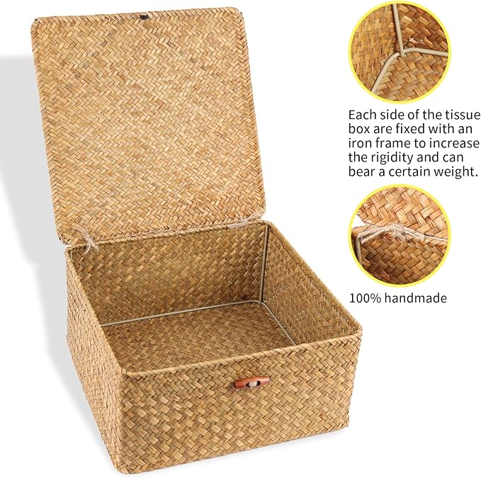 3 Pack Cube Seagrass Storage Bins with Lids, Rattan Woven Decorative Storage Boxes, Wicker Storage Baskets for Shelves, Storage Containers for Organizing, Clothes and Hobby Things