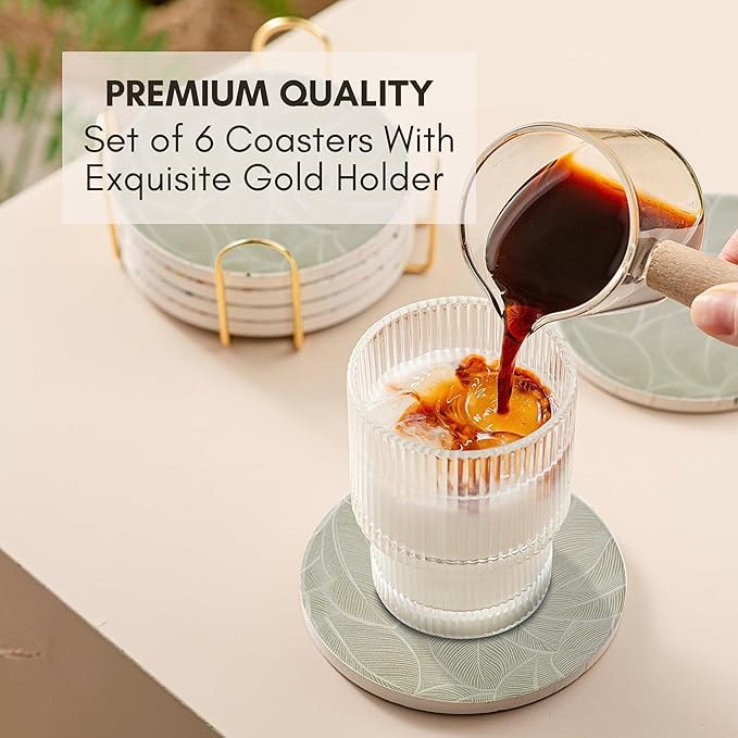 Ceramic Absorbent Coasters Set of 6 with Holder, Marble Drink Coasters for Coffee Table, Water Absorbing Coaster (Leaf)