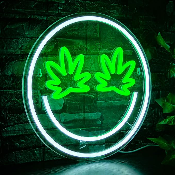 Green Leaf Eyes Neon Signs Smile Face LED Neon Lights Signs for Wall Decor,USB Powered Led Signs for Game Room Beer Bar Man Cave Club Pub Party Decor