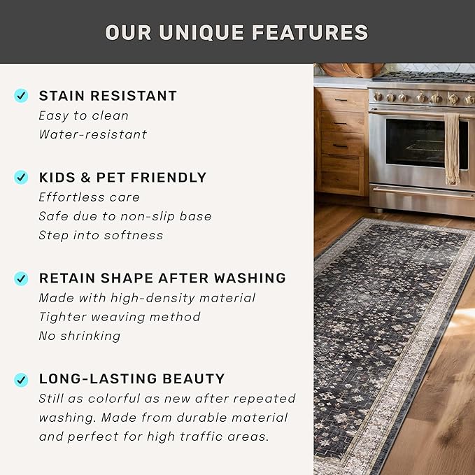 Black Modern Farmhouse 5x8 Area Rug for Living Room, Boho Large Entryway Rug, Dark Floor Carpet for Kitchen Under Small Dining Table, Bedroom - Washable Low Pile Waterproof Non Slip & Stain Resistance