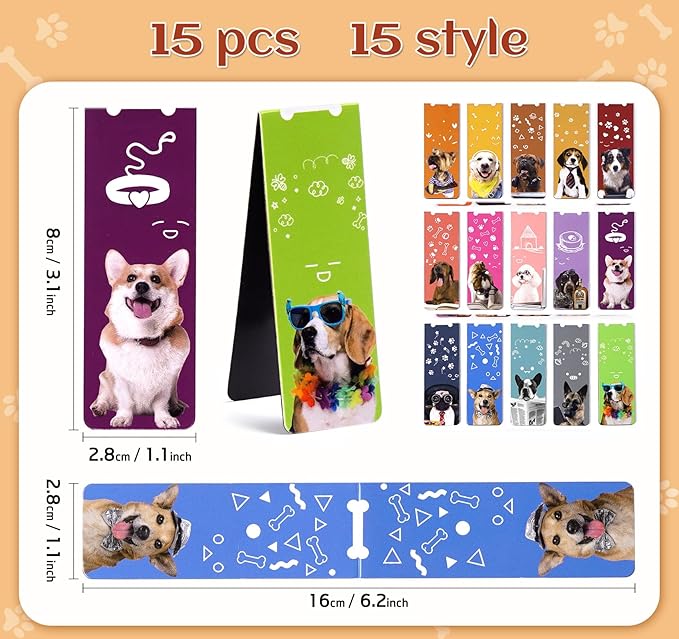 ABSOFINE 15PCS Magnetic Bookmarks, 3.1" Cute Dogs Large Size Magnetic Page Clips Bookmark, 15 Designs Pet Dogs Waterproof Sturdy Bookmarks for Kids Women Book Lovers