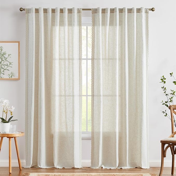 jinchan Linen & Polyester Blend Beige Curtains 84 Inch Length 2 Panels Curtains with Lace Trim for Living Room Rustic Farmhouse Curtain Rod Pocket Back Tab Light Bedroom Window Curtain Set