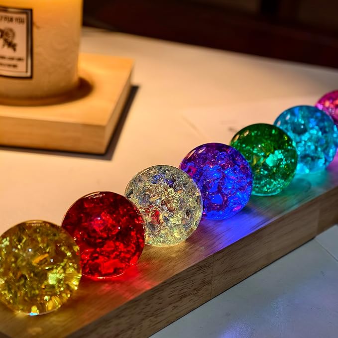 40mm 7 Colors Ice Cracked Glass Crystal Chakra Balls with LED Wooden Base Decorative Ornaments for Home Living Room, Night Sphere as Night Light Decoration and Healing Sphere