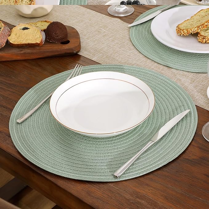 SHACOS Round Placemats Set of 4 Woven Braided Table Placemats 15 inch Cotton Polyester Place Mats Washable Table Mats Indoor Outdoor, Sage Green