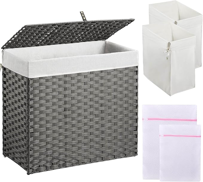 Greenstell Laundry Hamper with Lid, 125L Laundry Basket with 2 Removable Liner Bags & 2 Mesh Bags, Handwoven Synthetic Rattan Clothes Hamper for Clothes, Toys in Bathroom, Bedroom, Foldable, Grey