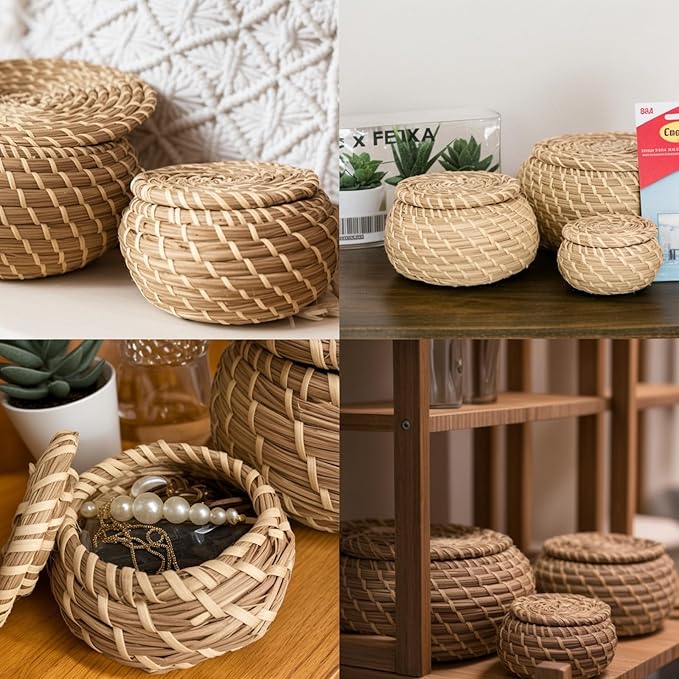 Set of 9 Round Woven Seagrass Baskets, Small Wicker Basket with Lid, Little Handmade Rattan Storage Basket Box for office, bedroom, living room