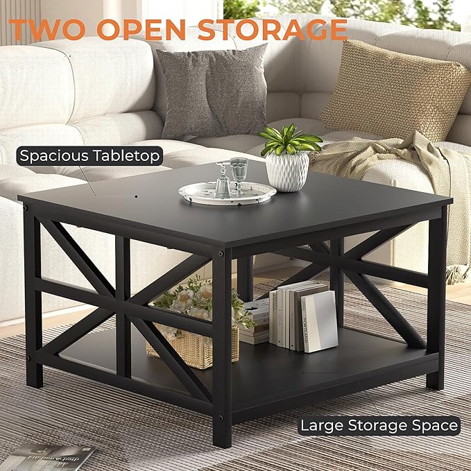 GreenForest Coffee Table with Storage for Living Room, Small Square Center Tables with Seamless One-Piece Tabletop Farmhouse Style, Black