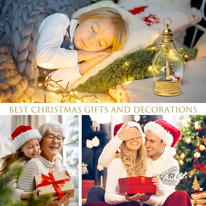 Christmas Snow Globes, 15.3" Nativity Glitter Water Lantern with Song, 6H Timer Battery & USB Powered Music Box for Christmas Decorations Indoor