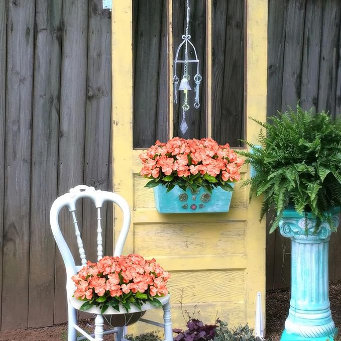 4 Pcs Artificial Flowers Outdoor Impatiens UV Resistant Fake Silk Impatiens Flowers Orange Faux Flowers Impatiens Bushes Artificial Impatiens for Outdoor Planter Pot Hanging Basket Porch Decor