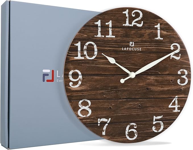 Lafocuse 12 Inch Silent Brown Wall Clocks for Kitchen Living Room Decor, Wooden Rustic Wall Clock Battery Operated, Decorative Farmhouse Clock