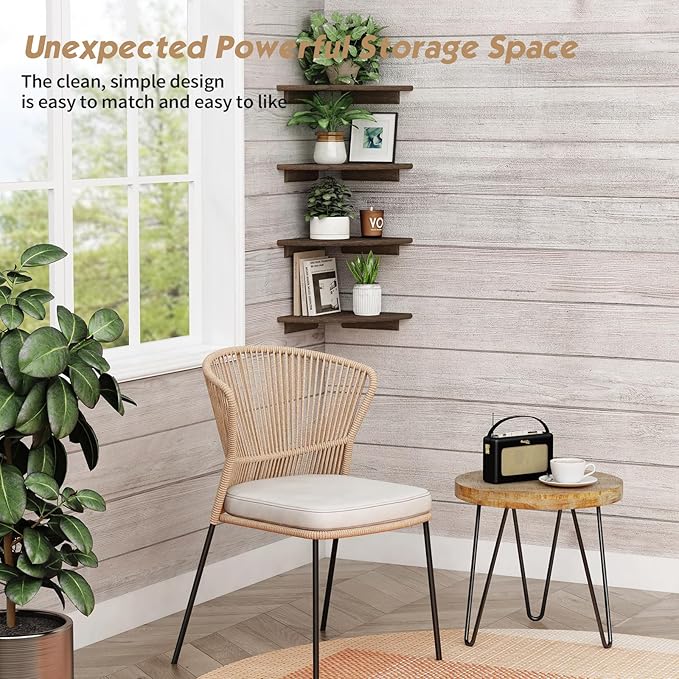 Forbena Large Corner Floating Shelves Set of 4, 12 Inch Deep Wall Mounted Corner Shelves for Bedroom, Livining Room (Rustic Brown)