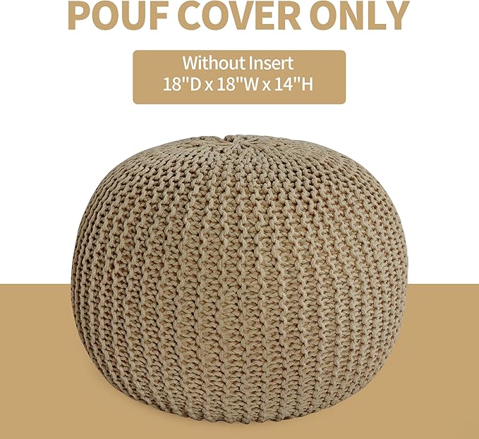 HOMBYS Unstuffed Ottoman Pouf Cover, 100% Cotton Handmade Knitted Ottoman Pouf Cover Round Foot Stool, Floor Bean Bag Chair, Foot Rest Storage for Living Room Bedroom, Khaki(Cover ONLY NO Filler)