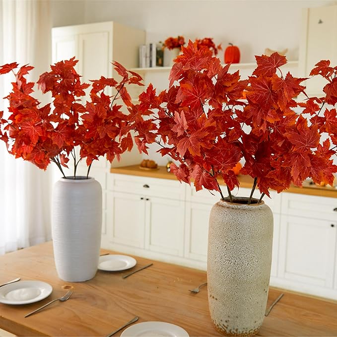 MISSPIN Thanksgiving Decorations 6 PCS Fall Decor Artificial Silk Maple Leaves Branches Set 35.43 Inch Fall Stems Faux Maple Leaves for Wedding Bouquet Table Centerpieces