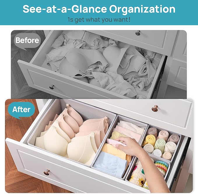 Vtopmart 6 Pack Drawer Organizer for Clothes, Dresser Drawer Organizer Bins, Foldable Fabric Closet Drawer Dividers, Underwear Storage Organizers for Baby Clothes, Bra, Socks, Ties, Scarf