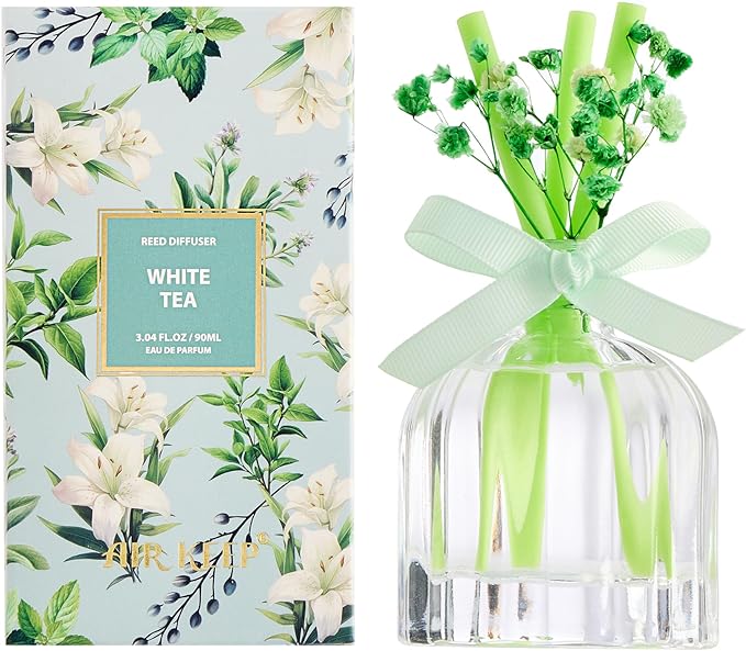 Airkeep Reed Diffuser Set with 3 Sticks,3.04oz White Tea Baby's Breath Flower Flame Free Fragrance Diffuser for Home Décor Floral Diffuser Room Fresheners for Home Long Lasting