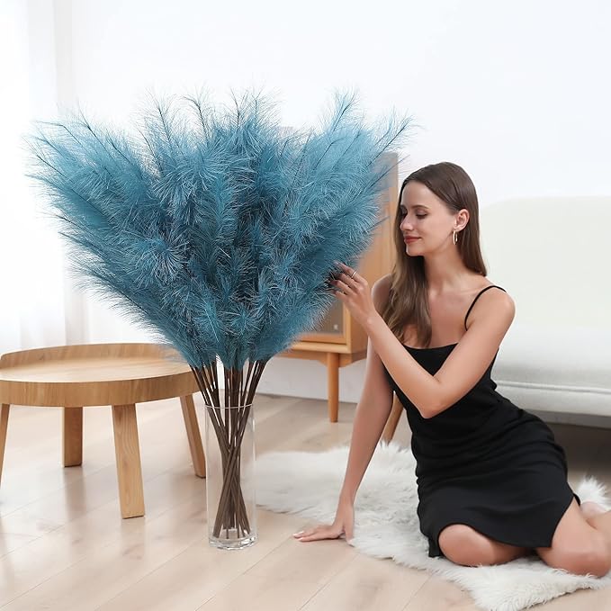 8 Pcs 45 inch Tall Faux Pampas Grass Decor, Large Artificial Blue Pompous Grass Bulk, Long Fake Pompas for Floor Vase Filler, Wedding, Baby Shower, Home and Boho Decor (Blue)
