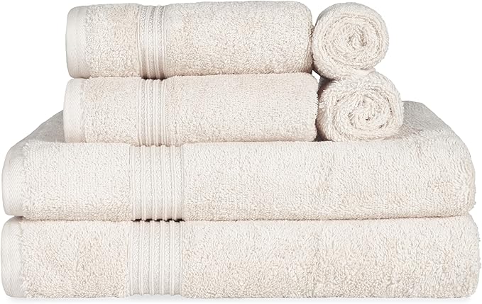Superior Egyptian Cotton 6-Piece Towel Set, Bathroom Essentials, Towels For Bathroom, Apartment, Airbnb, Guest Bath, Face, Hand, Bath Towels, Washcloths, Absorbent, Fast Drying, Ivory