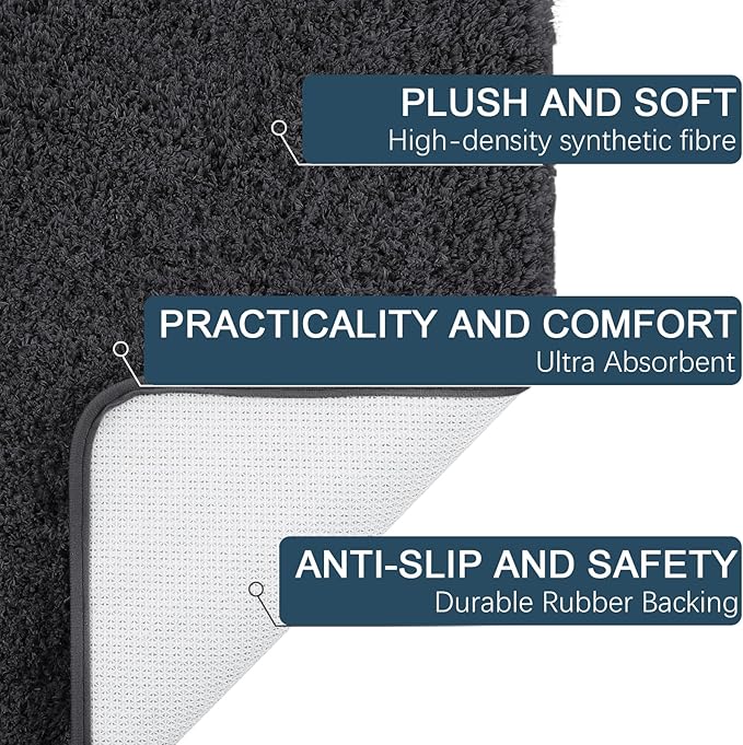 AROGAN Luxury Long Bathroom Runner Rug, 24x60 Inch Thick Soft and Absorbent Non Slip Bath Mat, Rubber Backing Quick Dry Rugs Carpets, Machine Washable Plush Mats for Shower Floor, Deep Grey