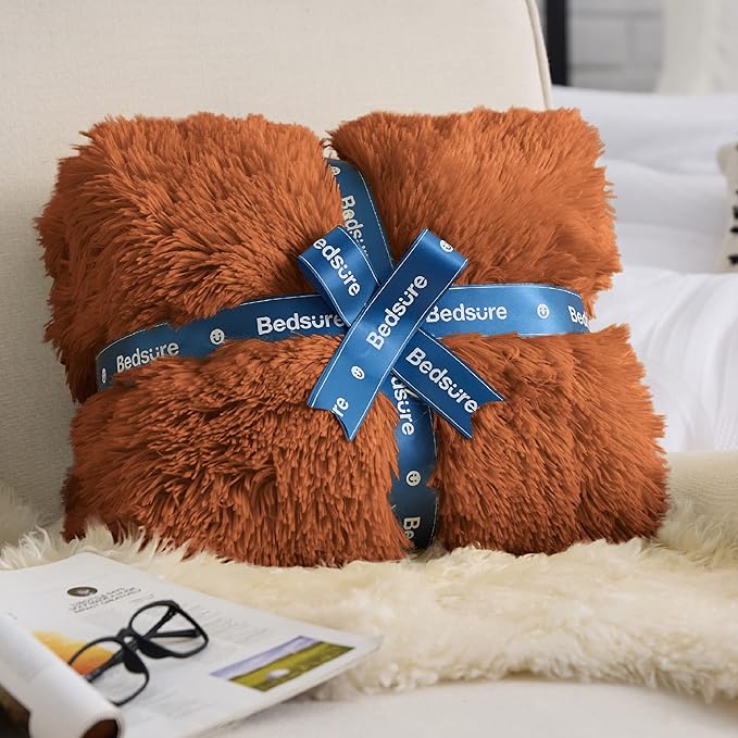 Bedsure Fluffy Burnt Orange King Size Blanket for Bed, Thick Soft Sherpa Faux Fur Fleece Bedding Fuzzy Plush Winter Warm Heavy Oversize Big Large King Blanket, Cozy Orange Gifts for Men Women, 108x90