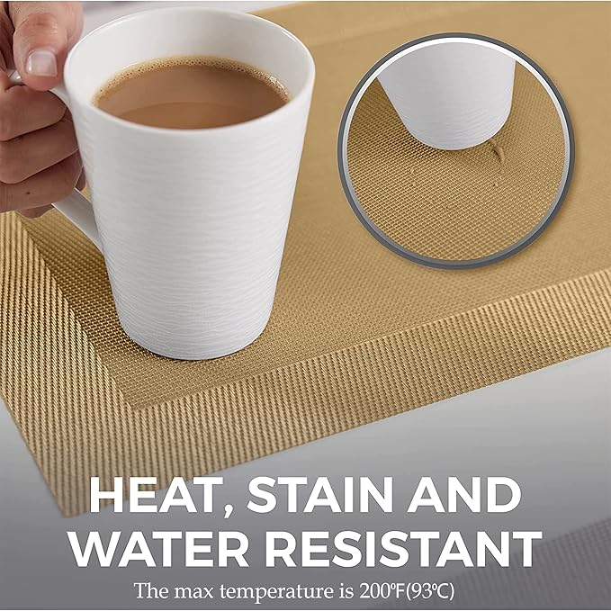 More Décor Dining Table Placemats, Washable Heat-Resistant PVC Vinyl Table Mats for Dining Room and Kitchen, Anti-Slip - Set of 4 -Gold