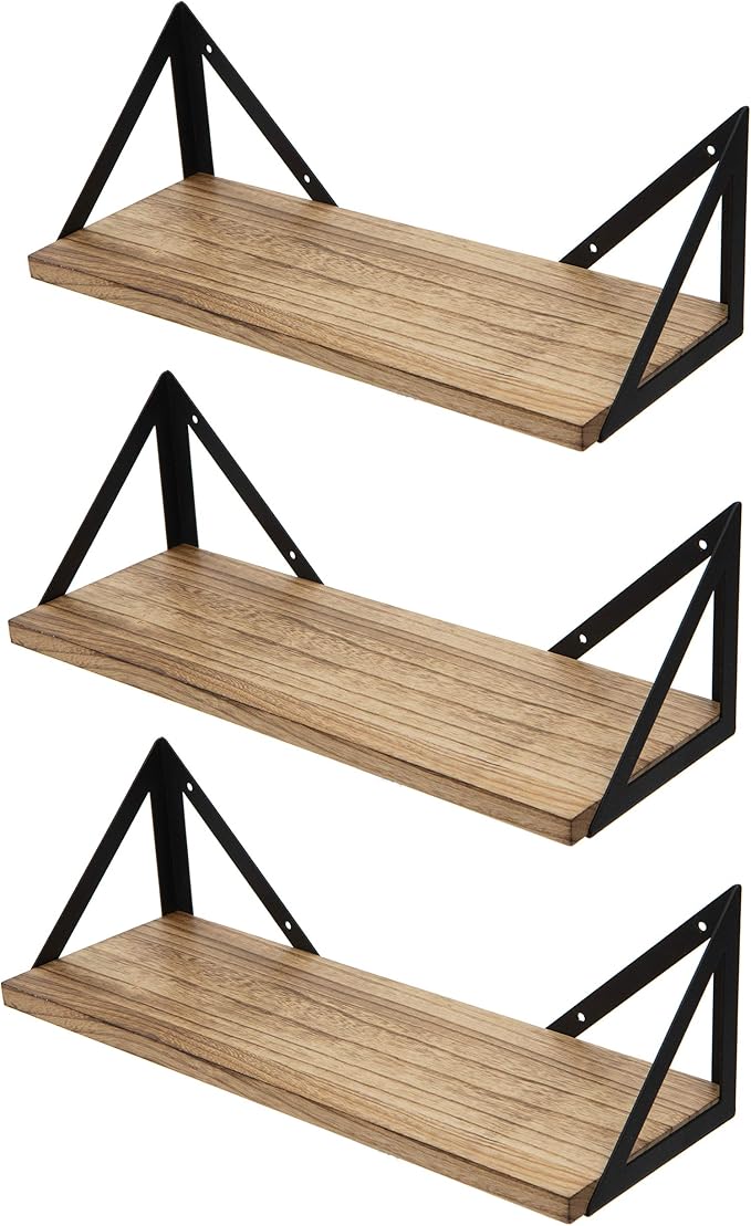 Wallniture Minori Floating Shelves Set of 3, Small Bookshelf Unit for Living Room, Office, and Bedroom, Natural Burned Rustic Wood Wall Decor with Metal Floating Shelf Bracket 6D x 17W x 5.5H in